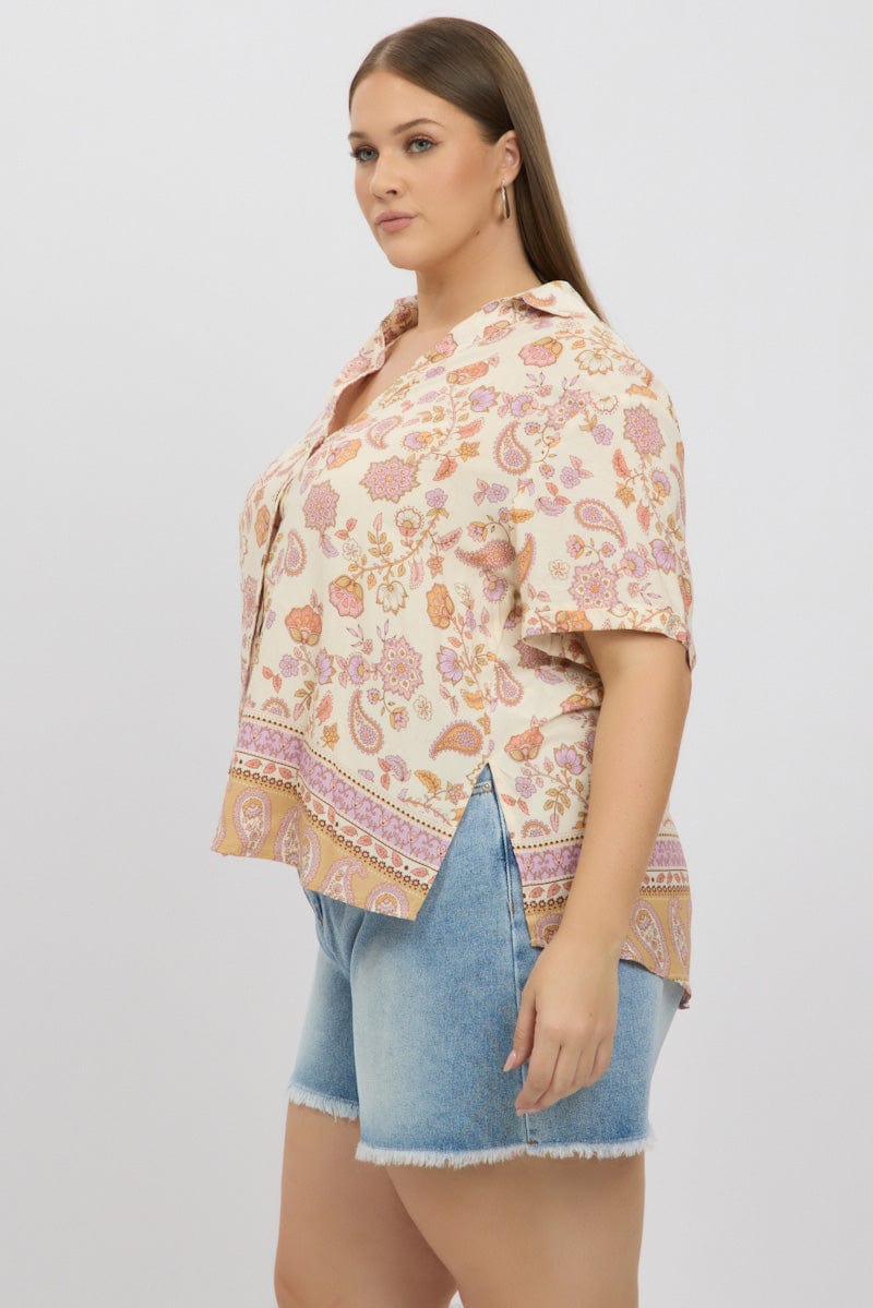 Beige Boho Relaxed Shirt Short Sleeve for YouandAll Fashion