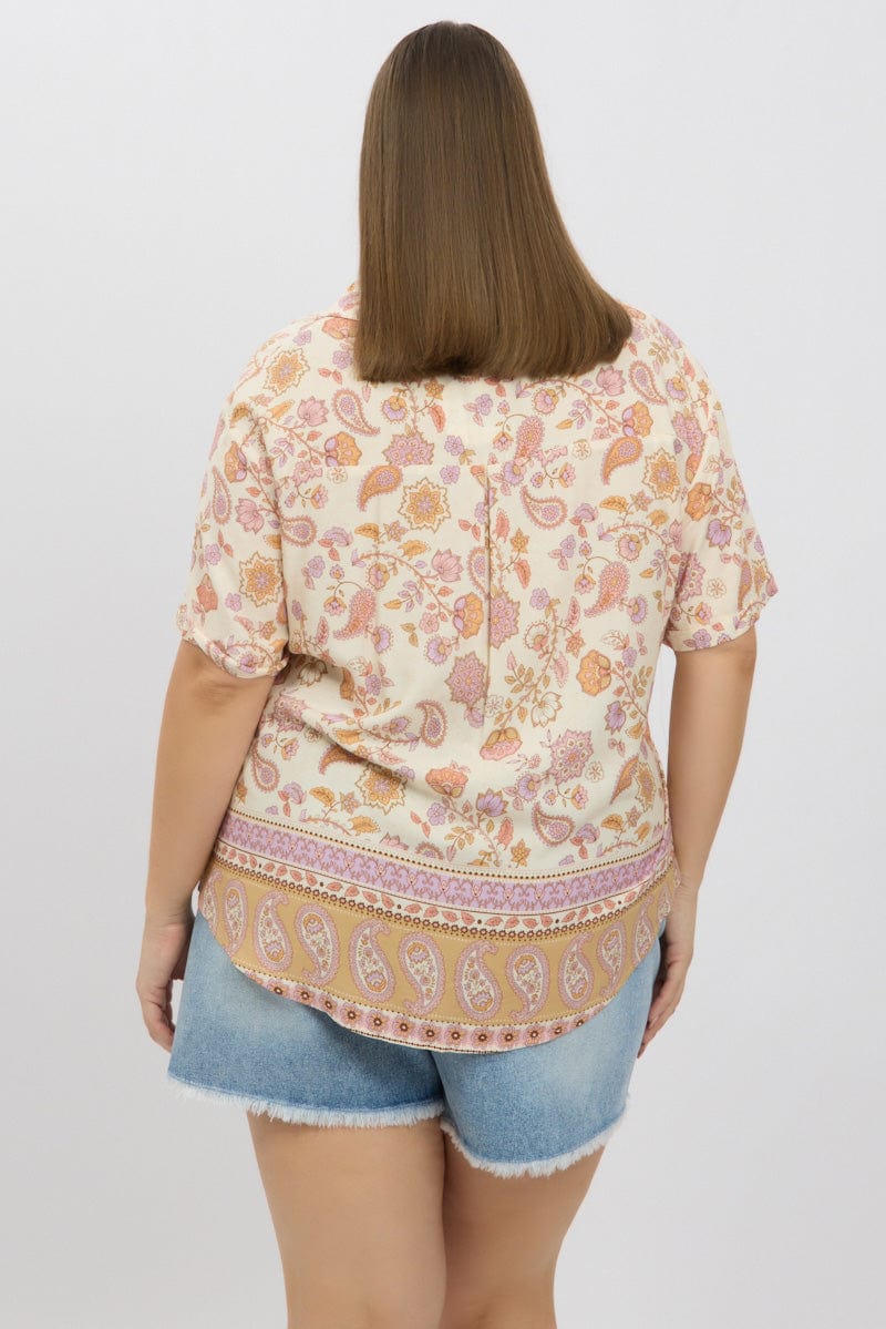 Beige Boho Relaxed Shirt Short Sleeve for YouandAll Fashion