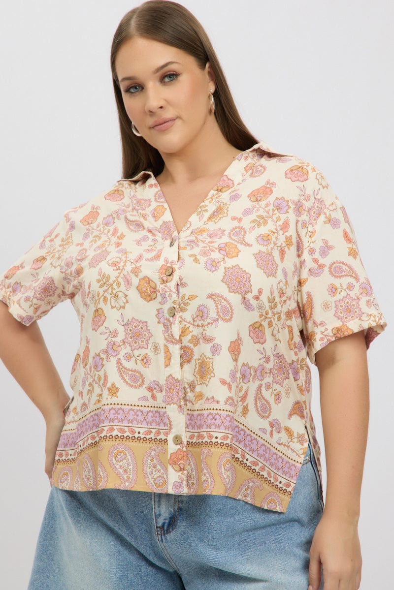 Beige Boho Relaxed Shirt Short Sleeve for YouandAll Fashion