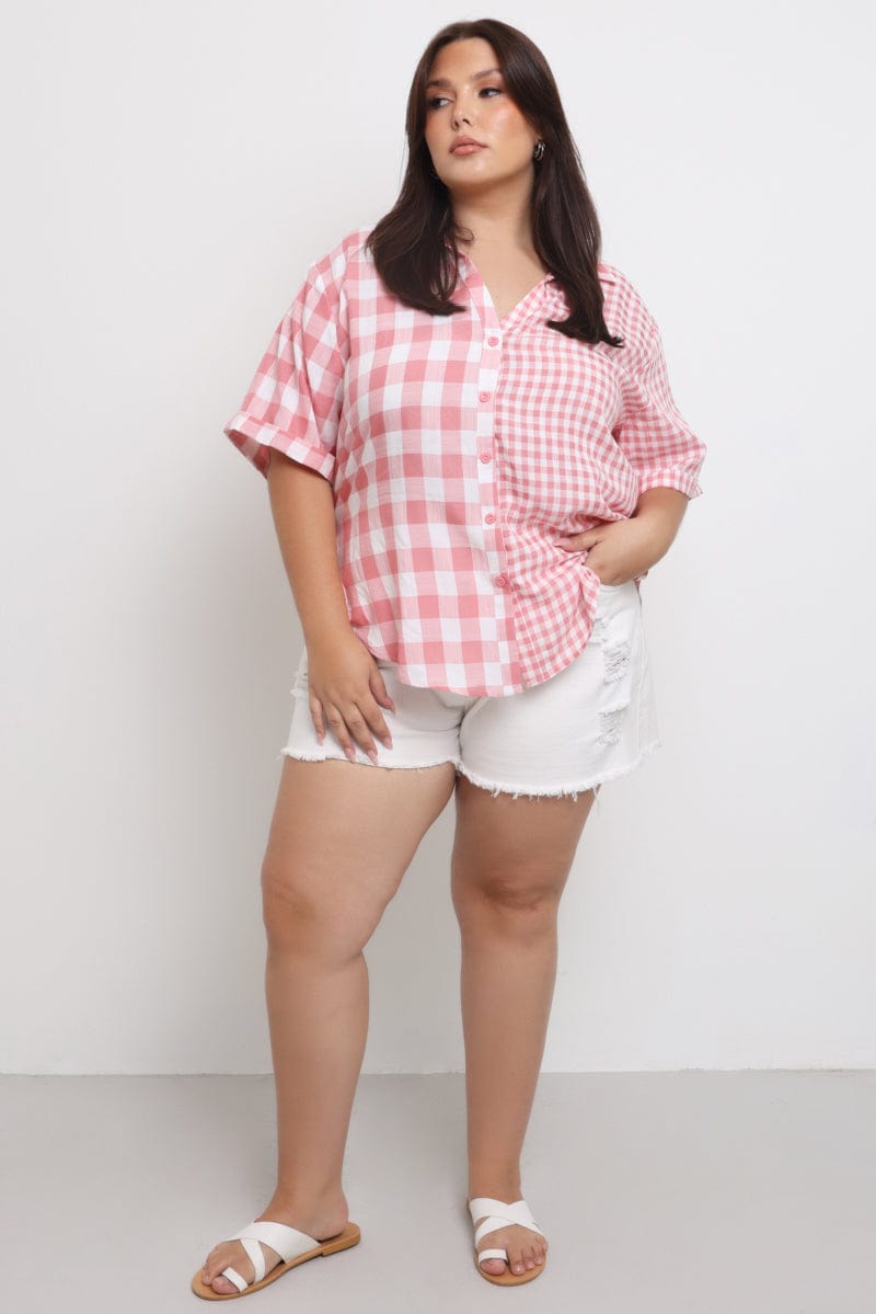Pink Check Relaxed Shirt Short Sleeve Mixed Check for YouandAll Fashion