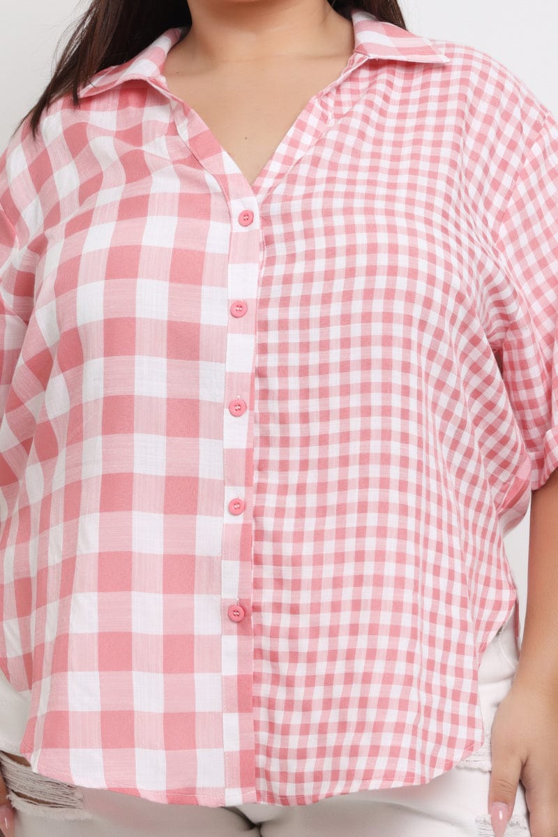 Pink Check Relaxed Shirt Short Sleeve Mixed Check for YouandAll Fashion