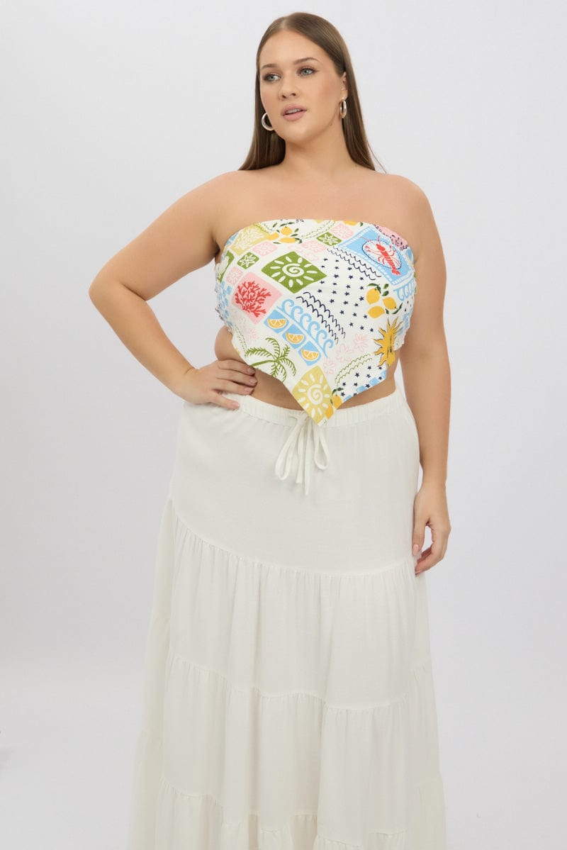 Blue Abstract Scarf Top Strapless Linen Blend for YouandAll Fashion