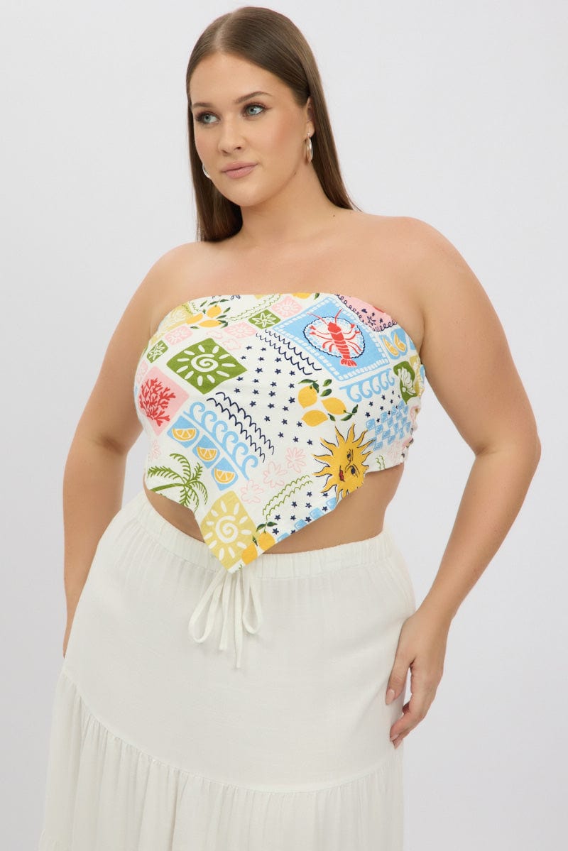 Blue Abstract Scarf Top Strapless Linen Blend for YouandAll Fashion