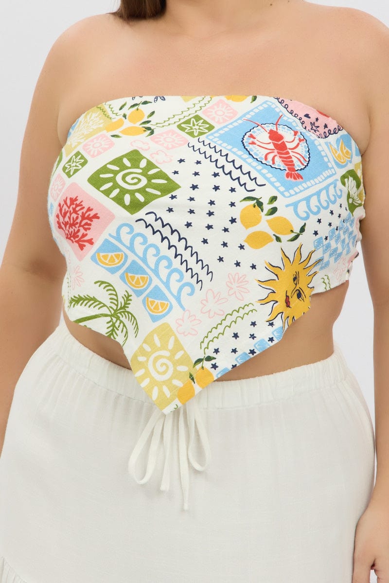 Blue Abstract Scarf Top Strapless Linen Blend for YouandAll Fashion