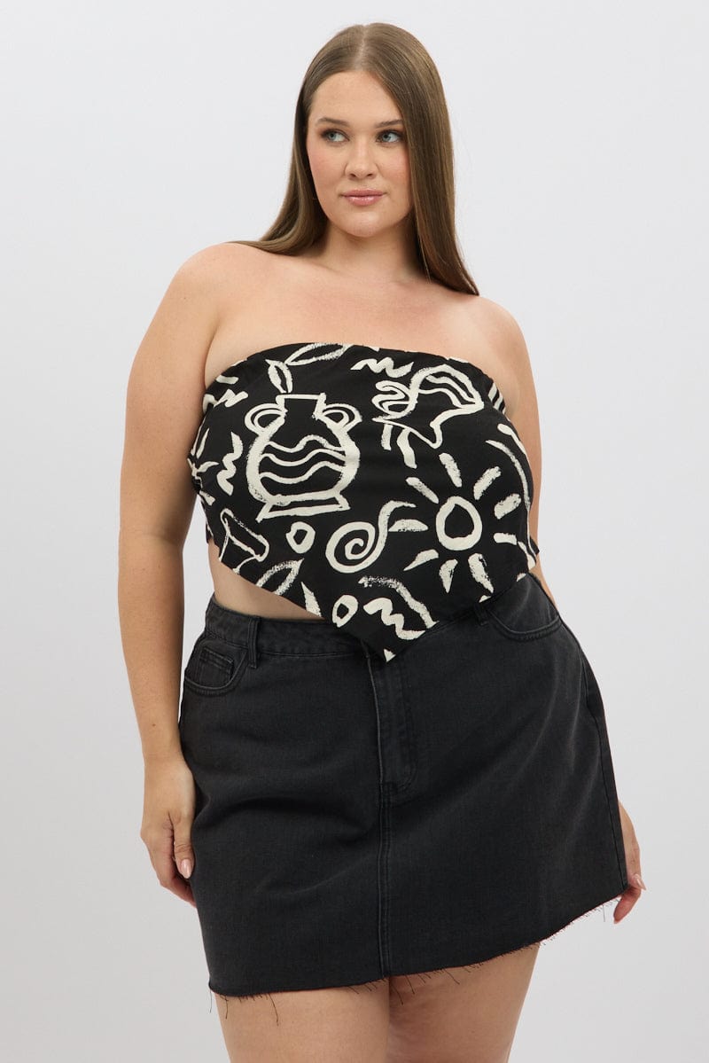 Black Abstract Scarf Top Strapless Linen Blend You All