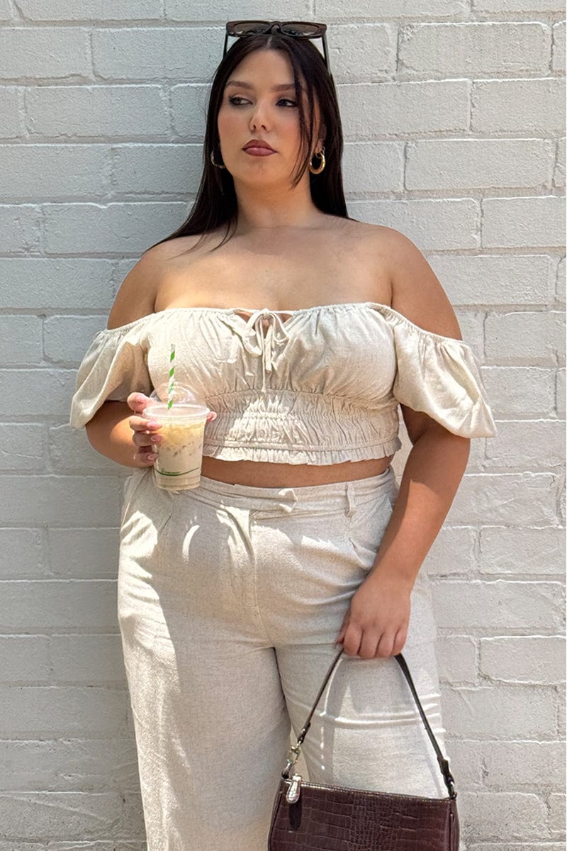 Beige Crop Top Short Sleeve Ruched Bust Linen Blend for YouandAll Fashion