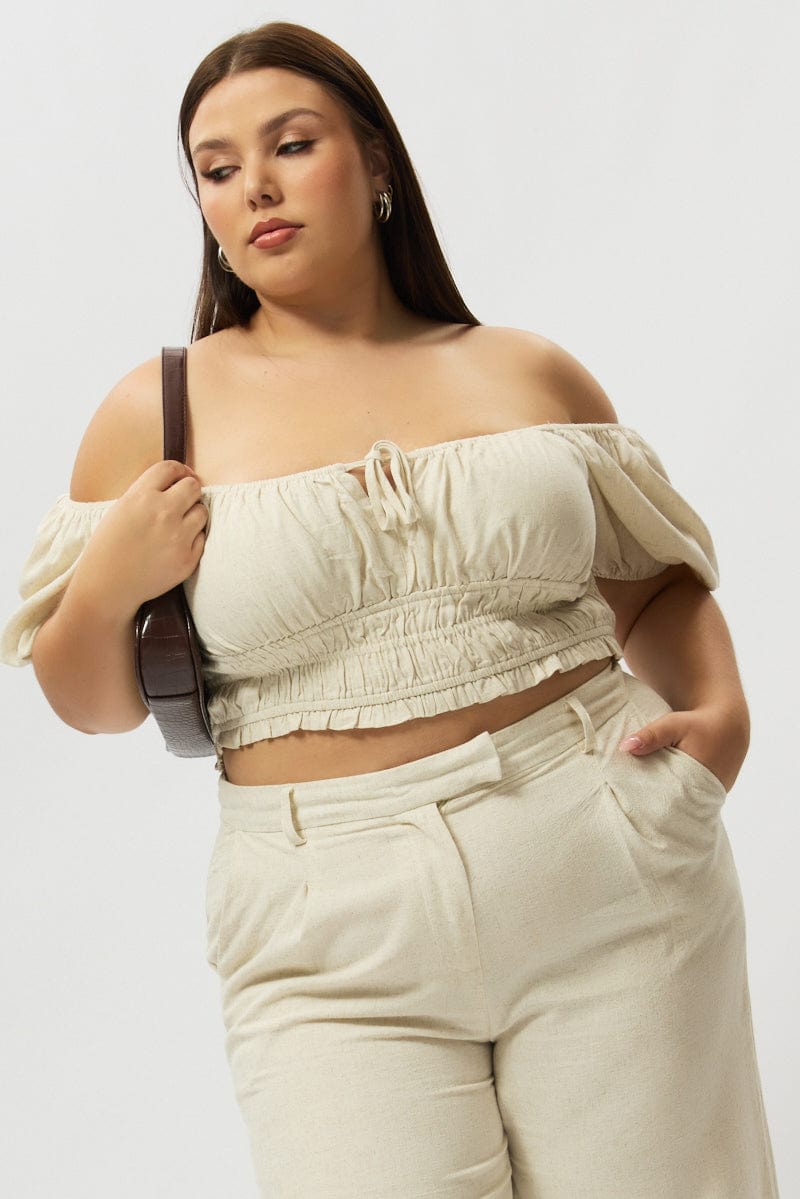 Beige Crop Top Short Sleeve Ruched Bust Linen Blend for YouandAll Fashion