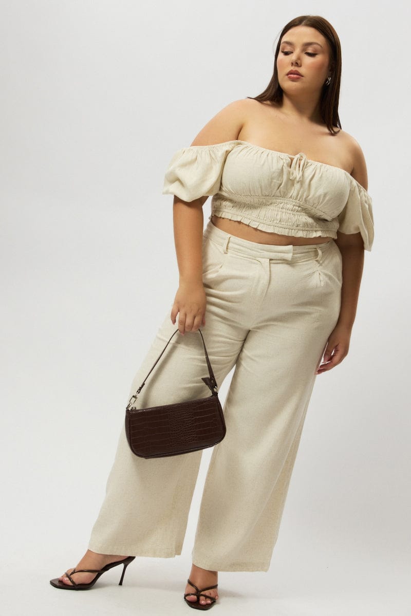 Beige Crop Top Short Sleeve Ruched Bust Linen Blend for YouandAll Fashion