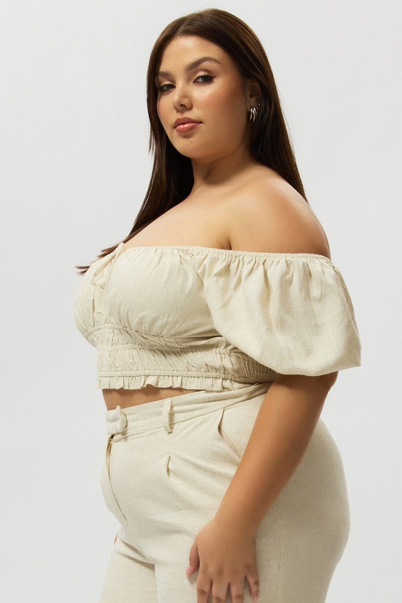 Beige Crop Top Short Sleeve Ruched Bust Linen Blend for YouandAll Fashion