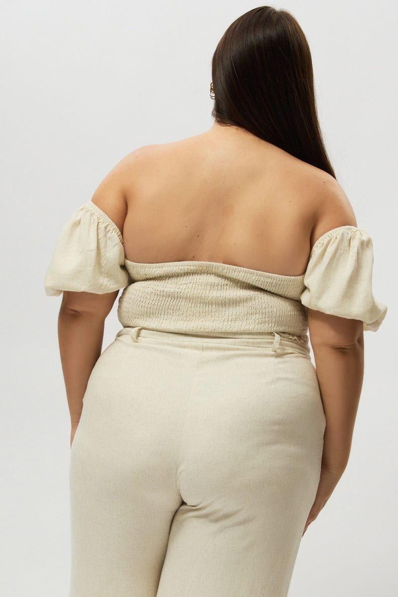 Beige Crop Top Short Sleeve Ruched Bust Linen Blend for YouandAll Fashion