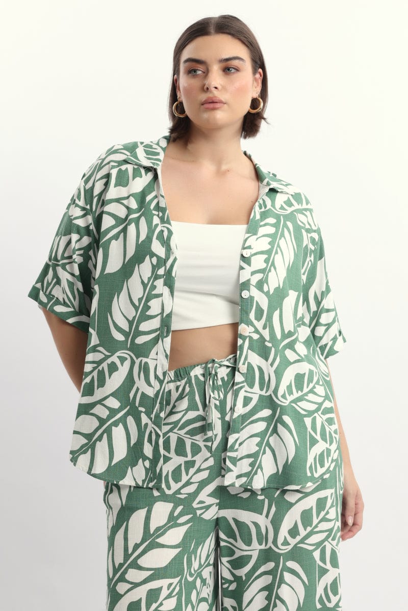 Green Abstract Relaxed Shirt Short Sleeve Linen Blend for YouandAll Fashion