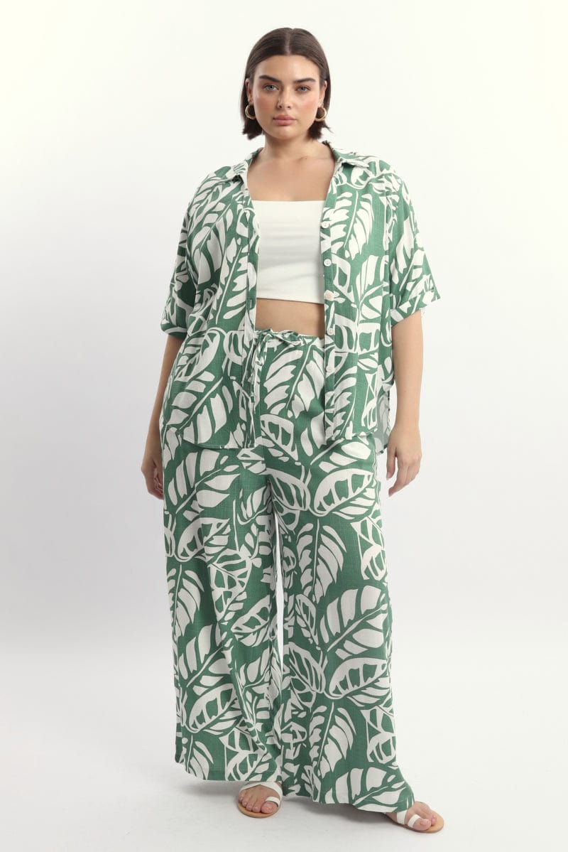 Green Abstract Relaxed Shirt Short Sleeve Linen Blend for YouandAll Fashion