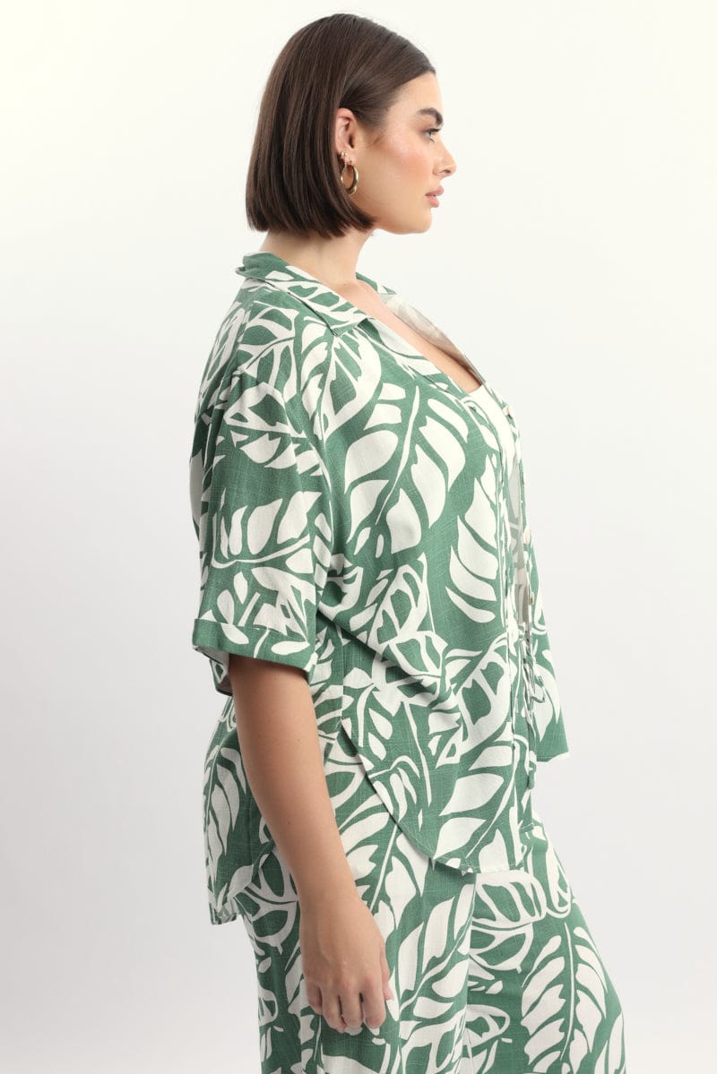 Green Abstract Relaxed Shirt Short Sleeve Linen Blend for YouandAll Fashion