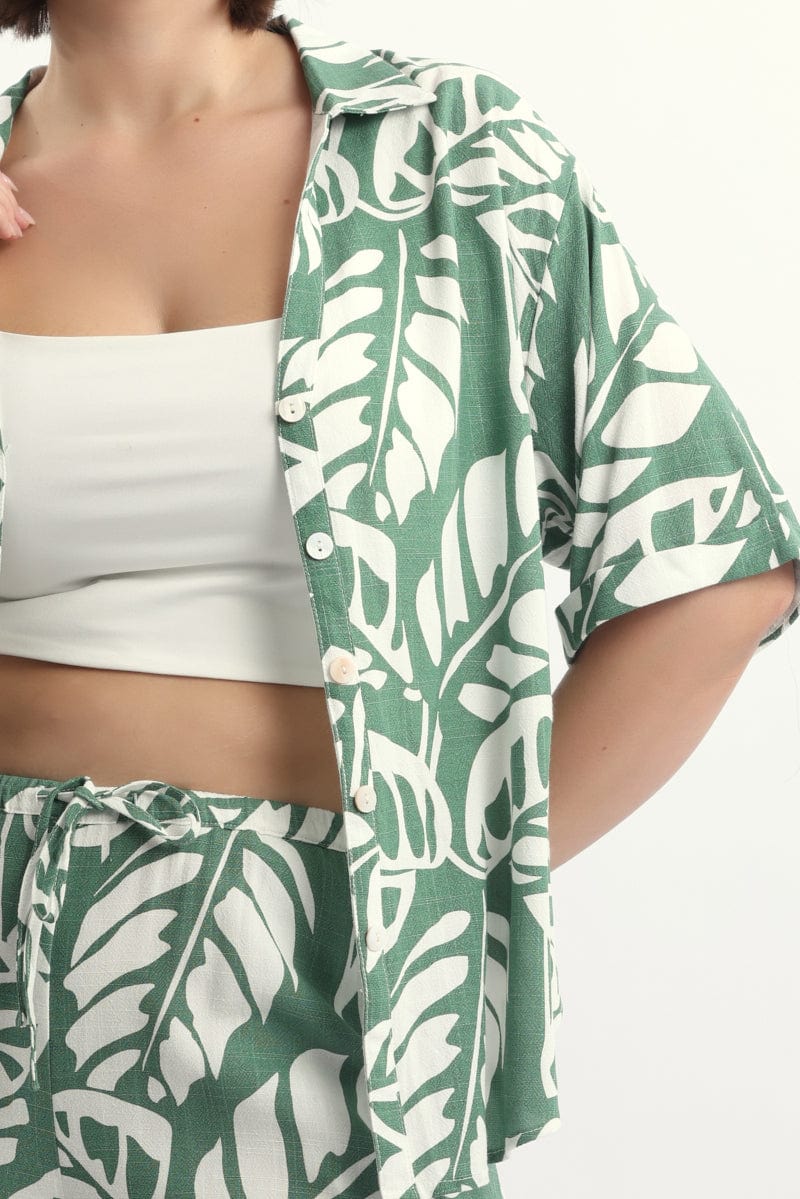 Green Abstract Relaxed Shirt Short Sleeve Linen Blend for YouandAll Fashion