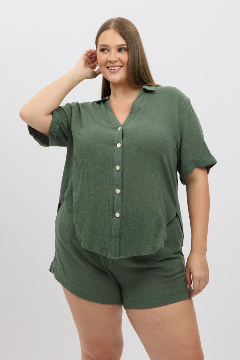 Green Relaxed Shirt Short Sleeve for YouandAll Fashion
