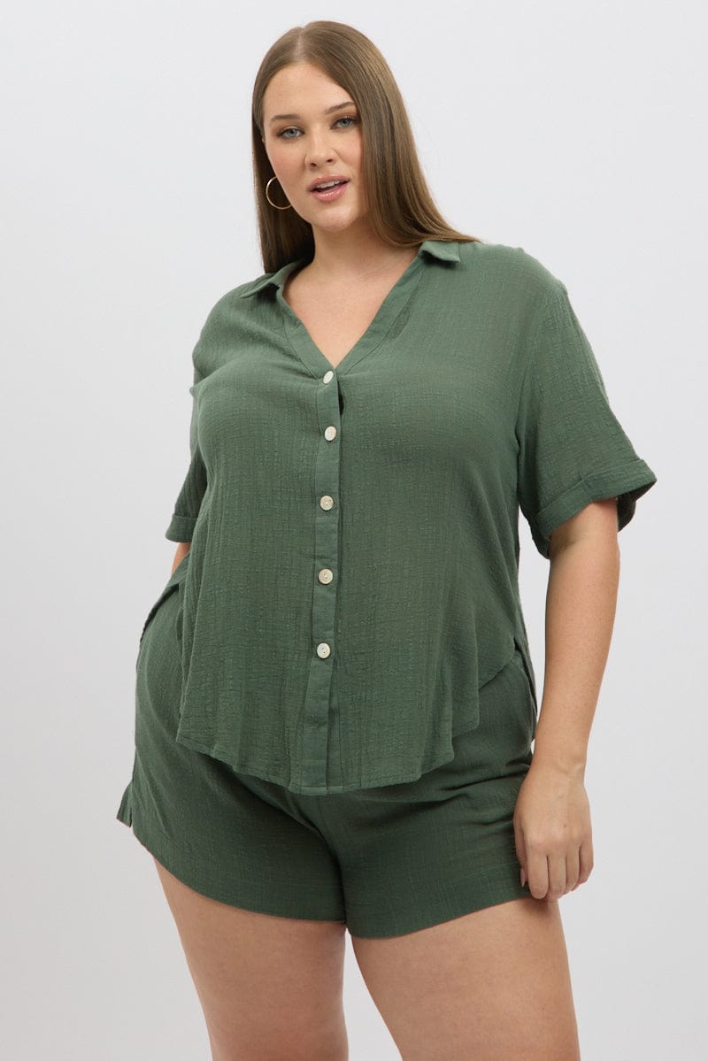 Green Relaxed Shirt Short Sleeve for YouandAll Fashion