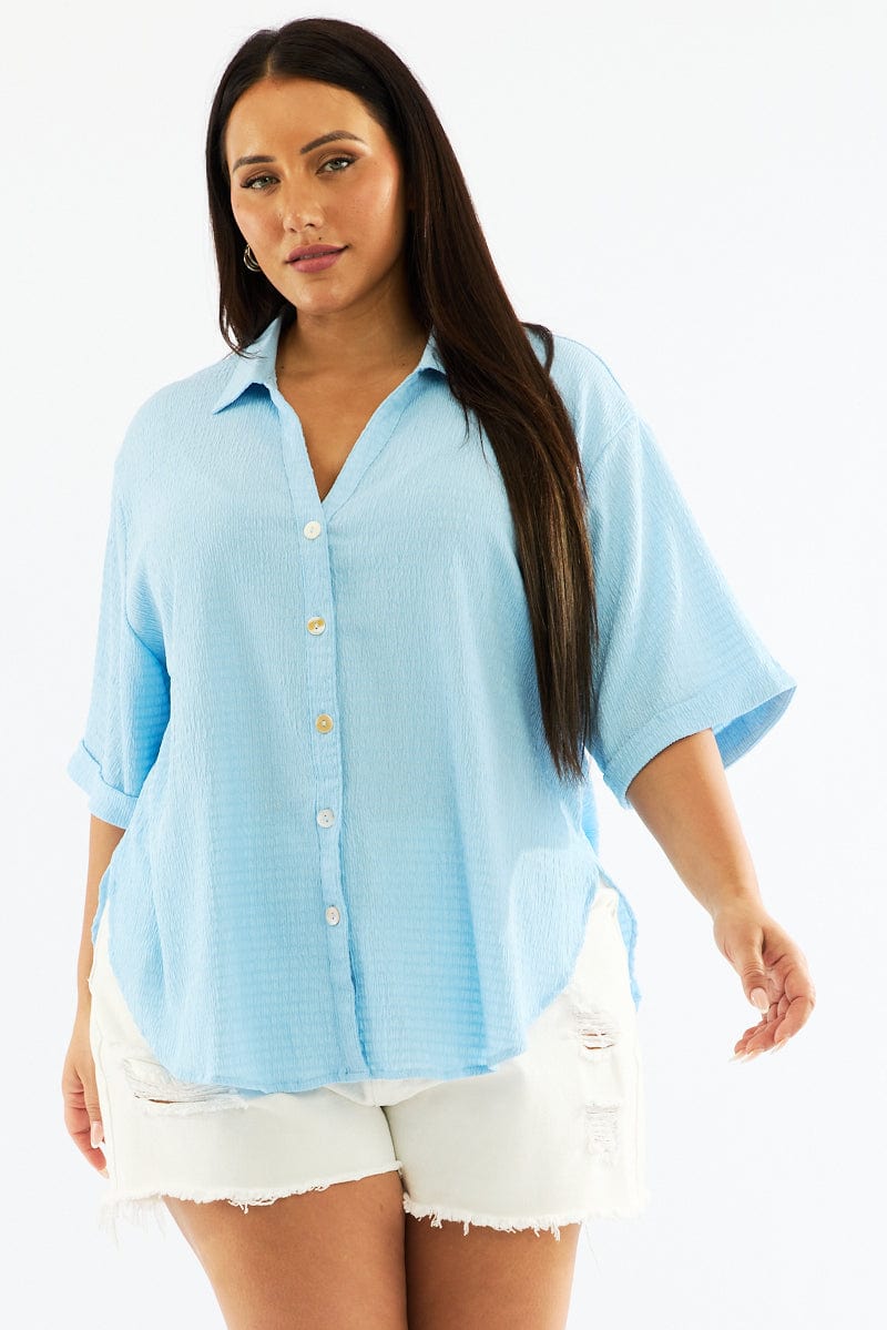 Blue Textured Shirt Short Sleeve for YouandAll Fashion