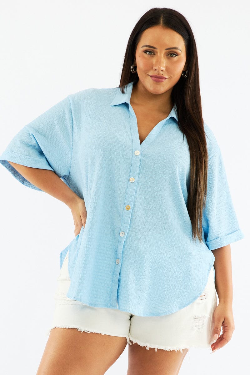 Blue Textured Shirt Short Sleeve for YouandAll Fashion