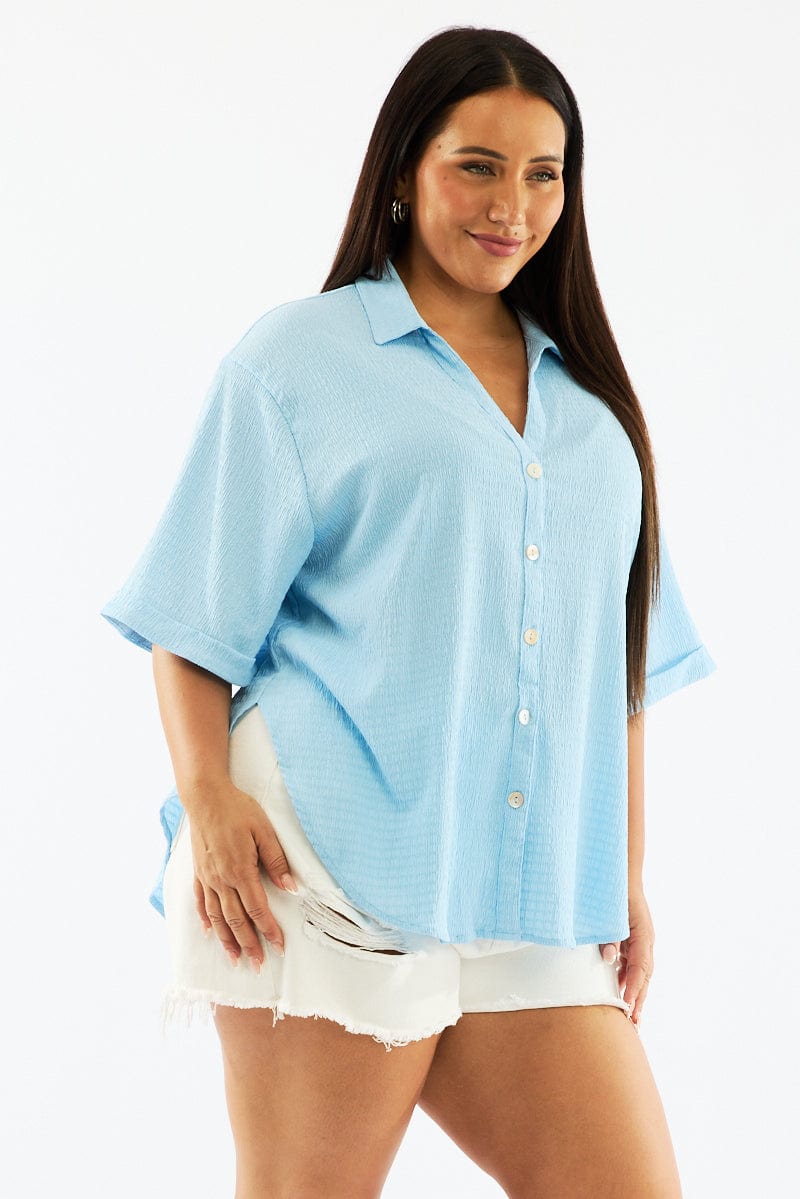 Blue Textured Shirt Short Sleeve for YouandAll Fashion