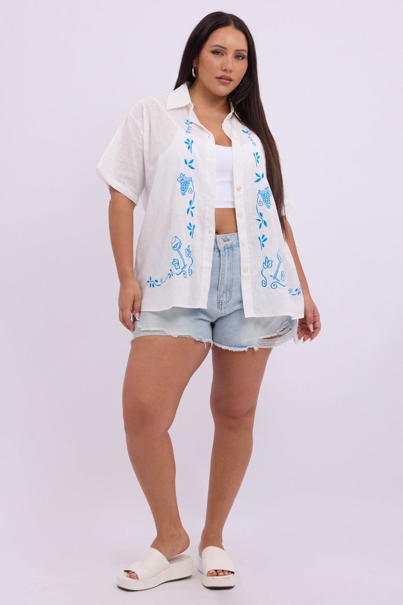 White Embroidery Shirt Short Sleeve Linen Blend for YouandAll Fashion