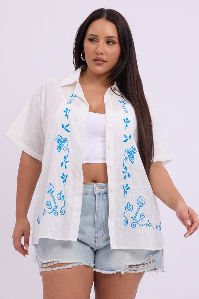 White Embroidery Shirt Short Sleeve Linen Blend for YouandAll Fashion