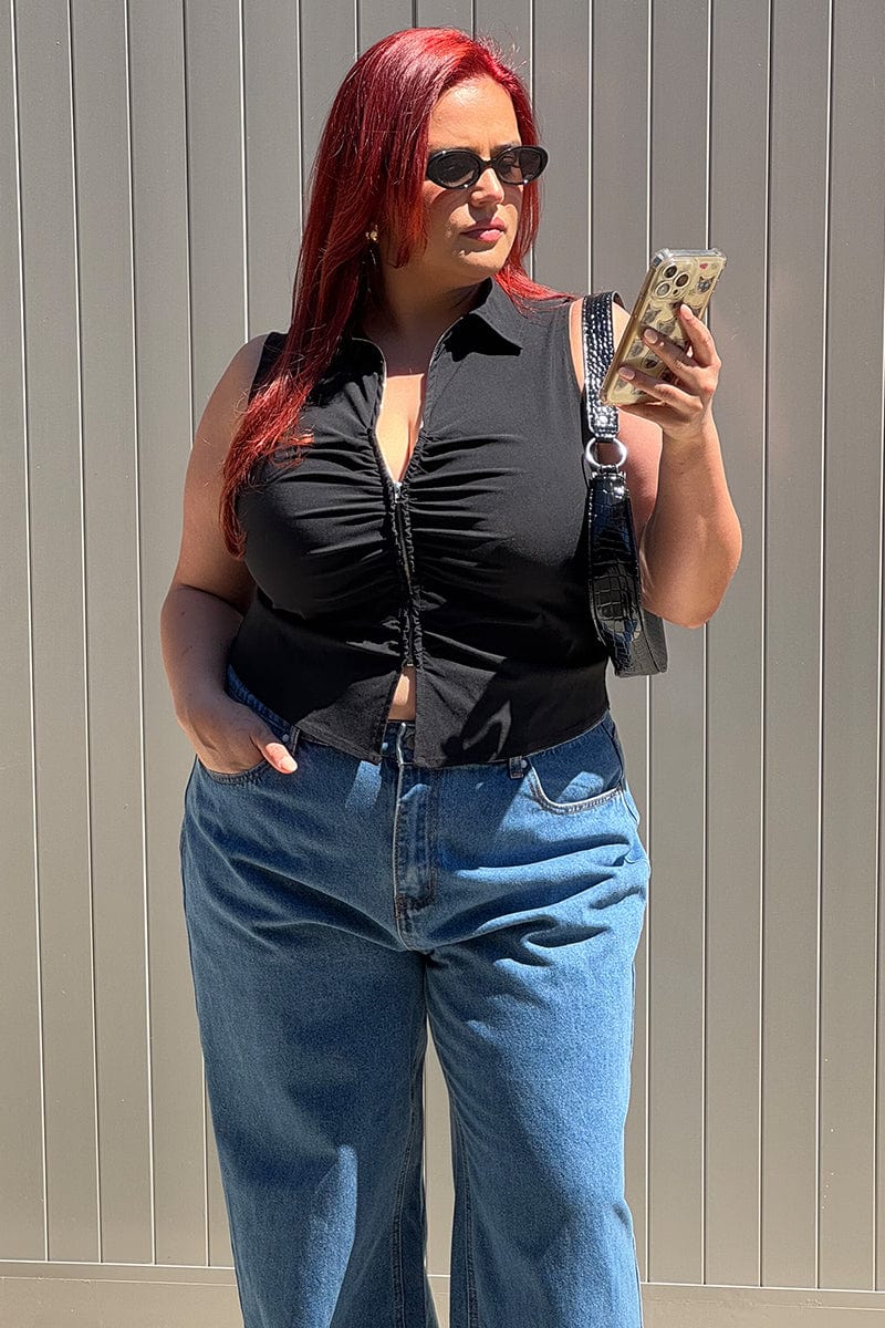 Black Fitted Shirt Sleeveless Ruched Bust Zip Front You All