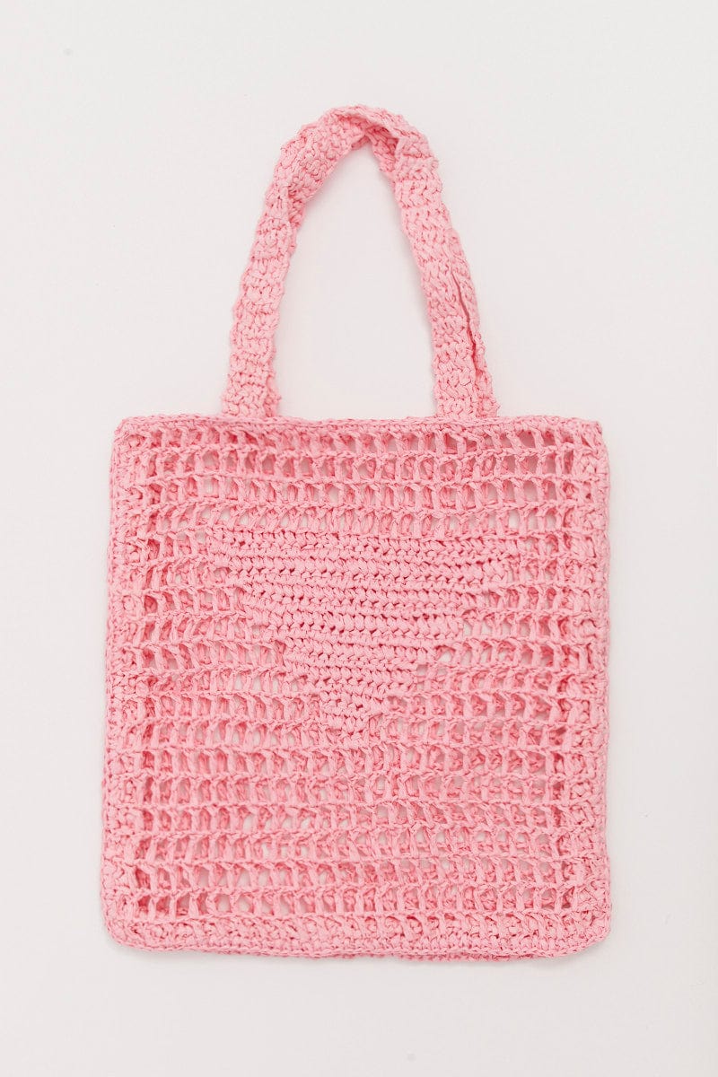 Pink Crochet Straw Tote Bag