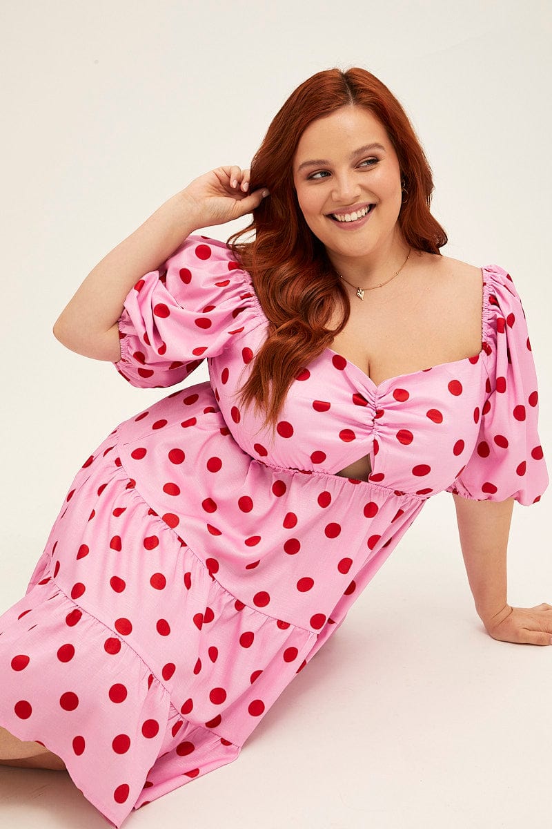 Pink Polka Dot Mini Dress Puff Sleeve Gather Front Peephole You