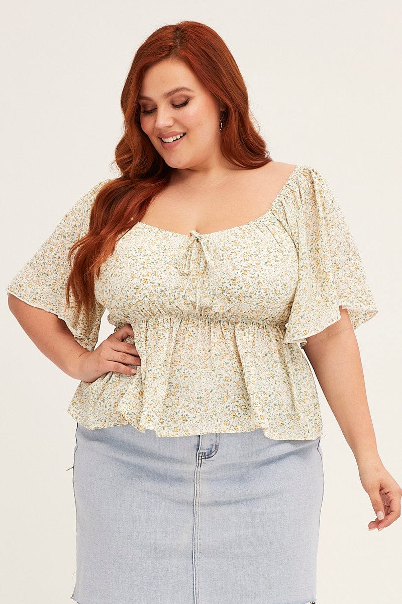 Floral Print Peplum Top Short Sleeve Ruched You All