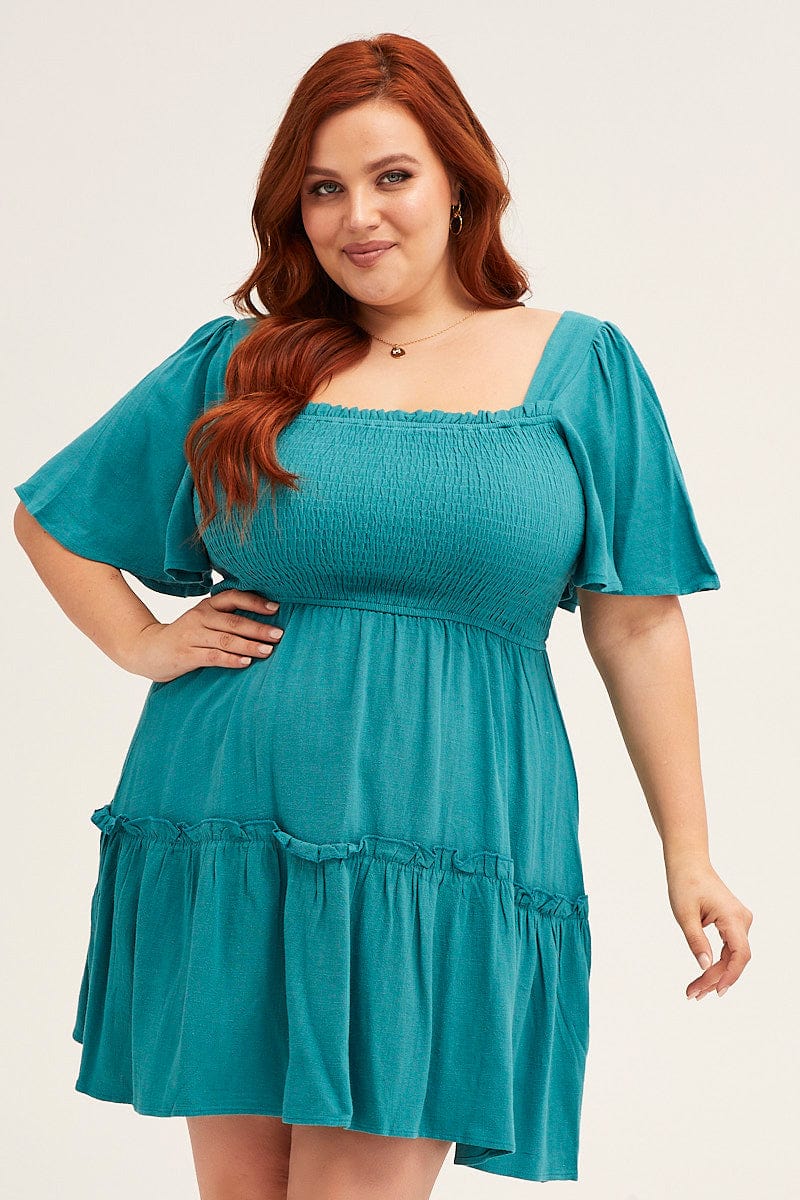 Plus Size Green Short Sleeve Shirred Skater Dress |You + All | Shop Online | You & All Plus Size Green Short Sleeve Shirred Skater Dress |You + All | Shop Online | You & All