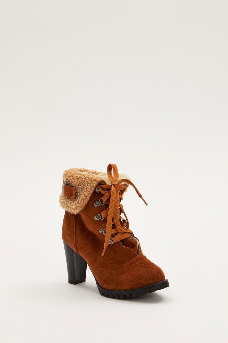 Brown Fur Trim Heeled Hiking Boots You All Shop Online You