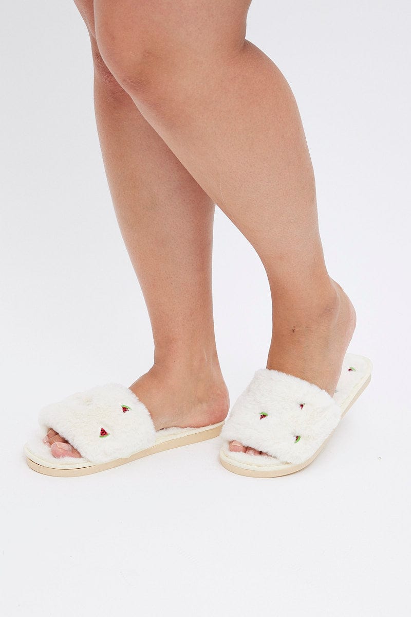 White Faux Fur Slippers You All - Main Image