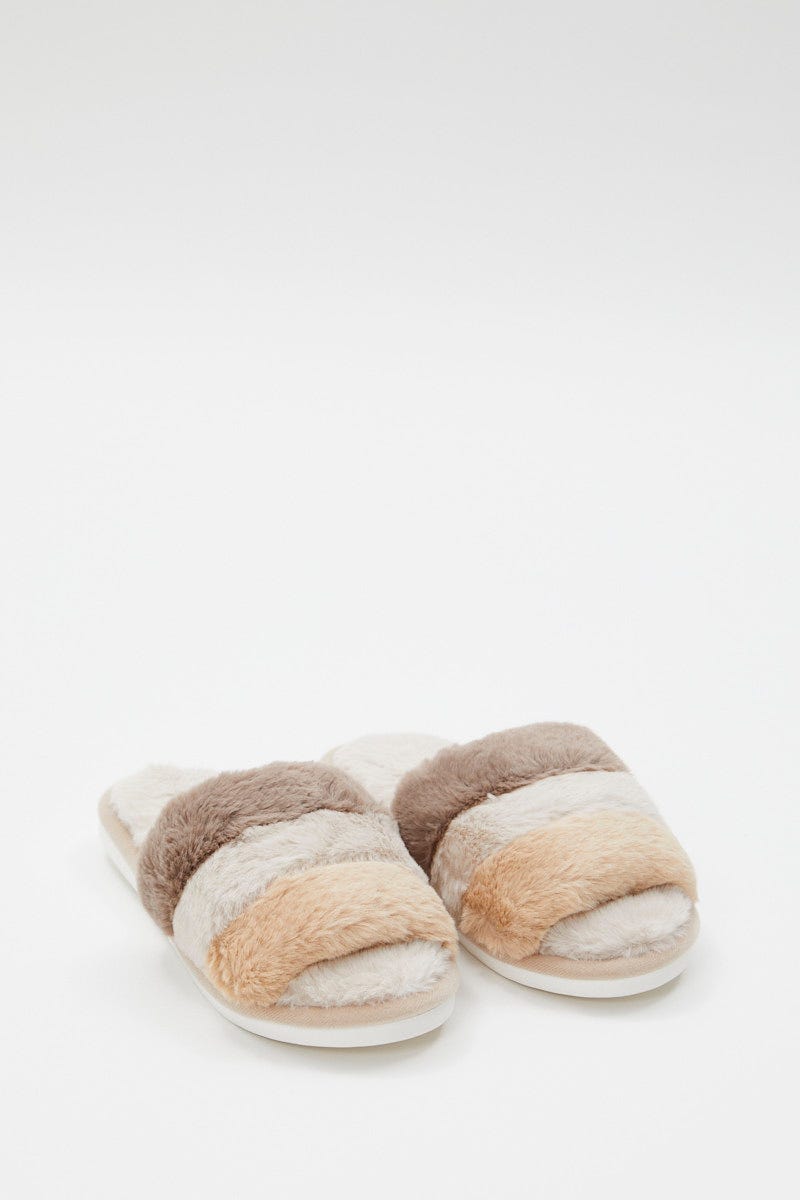 Beige Plush Faux Fur Stripe Mule Slippers You All Shop
