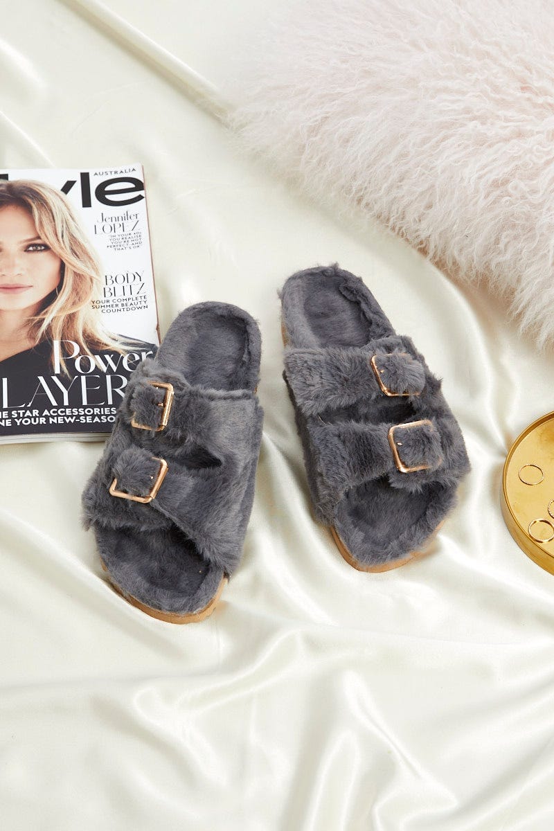 Grey Faux Fur Fluffy Buckle Slides You All Shop Online