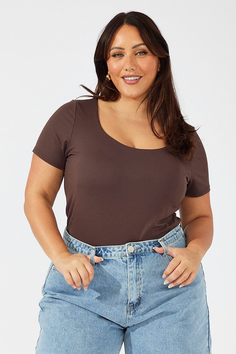 Shape Chocolate Brown V Neck Crop Top, Tops