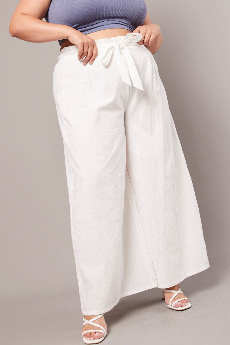 White Wide Leg Pants High Rise Waist Tie Crop You All