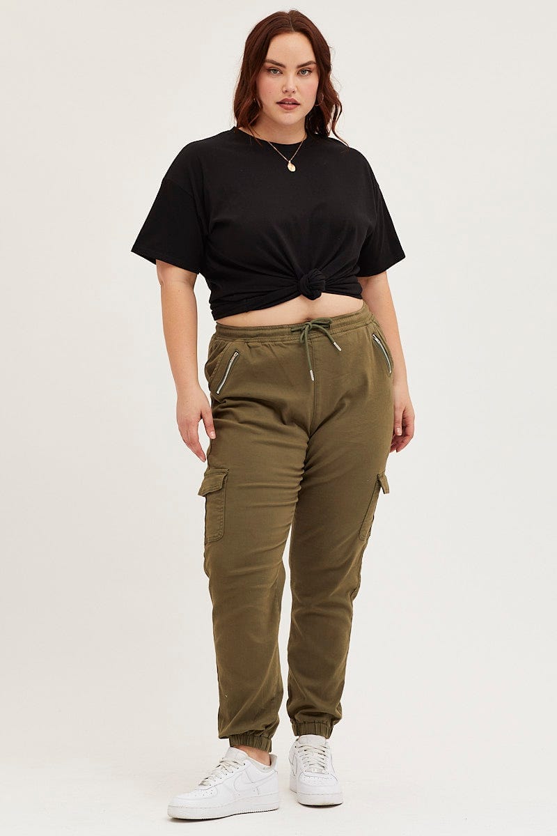 Plus Size Green Cargo Pants Mid Rise Out Pocket, You + All