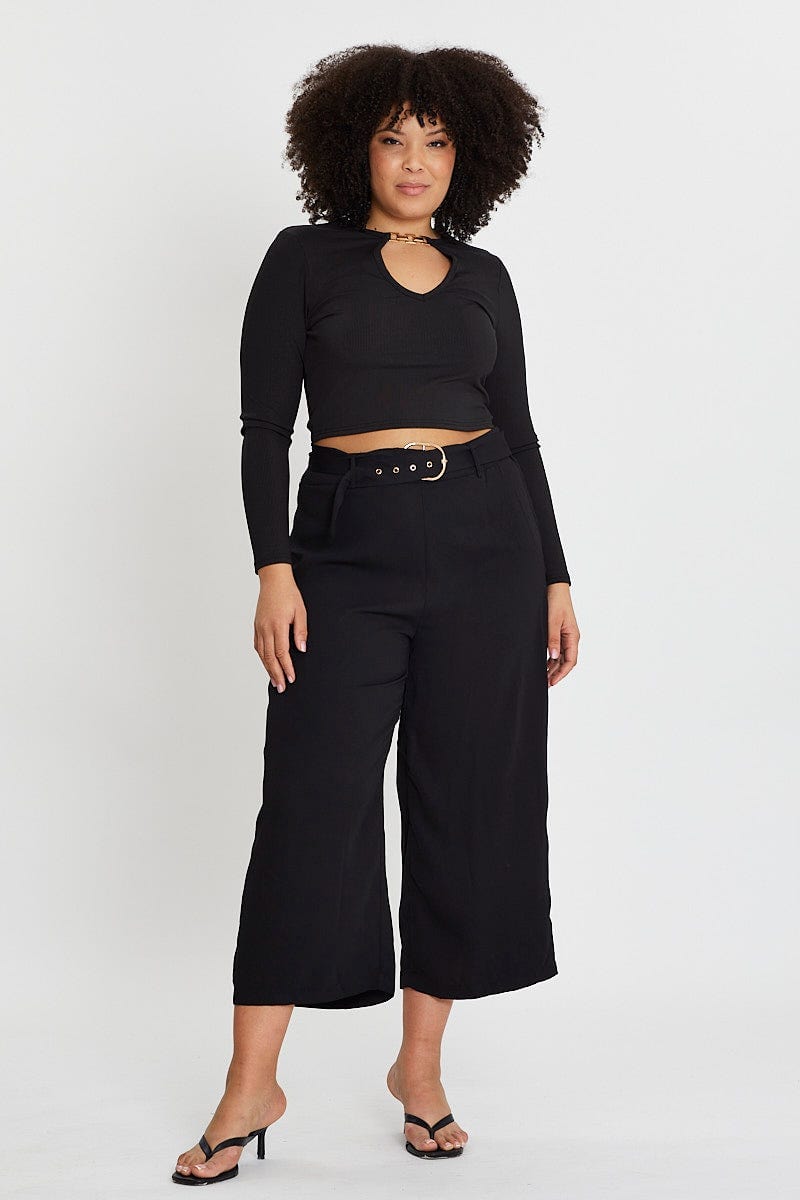 Plus Size Black Wide Leg Pants High Rise Waist Tie You All