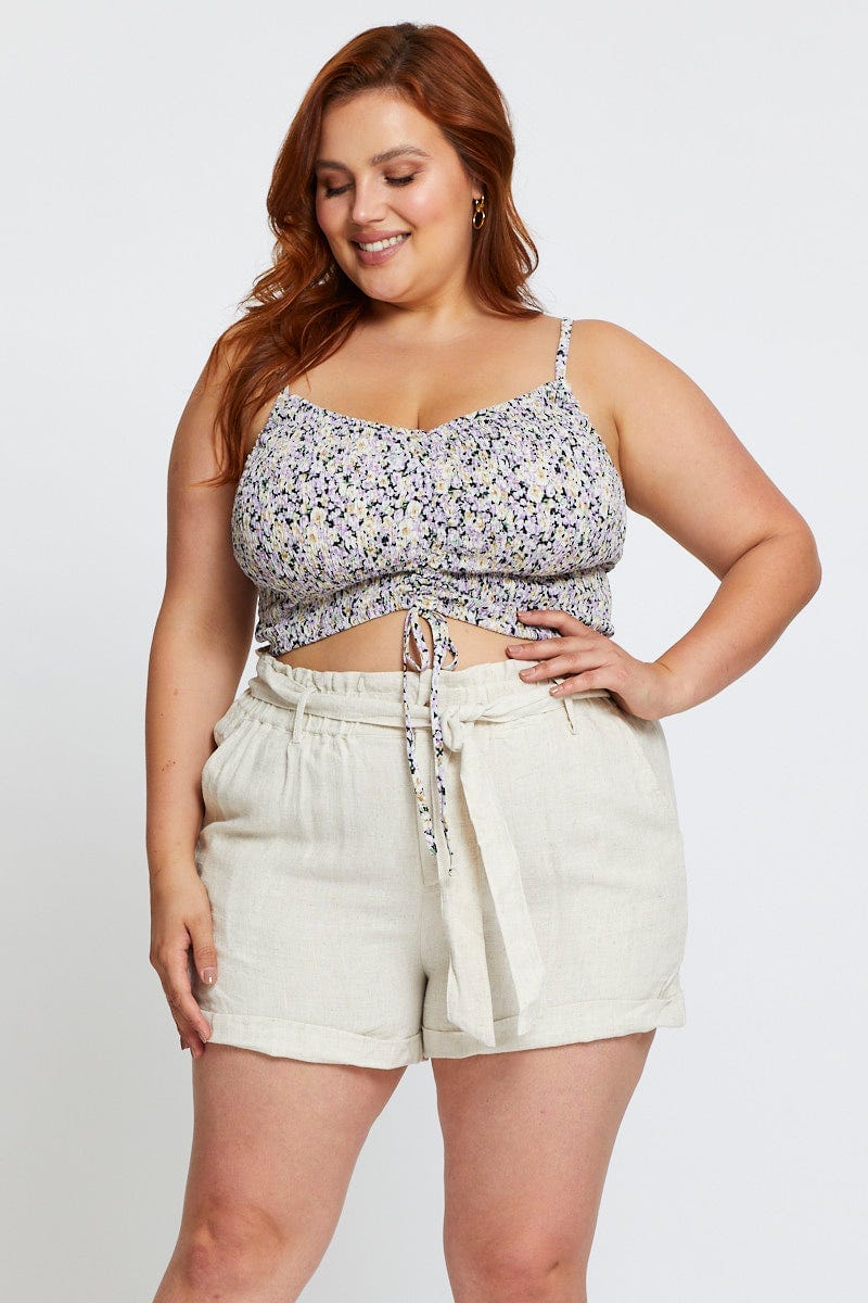 Plus Size Beige Ma Shorts High Rise Linen Blend Waist Tie You