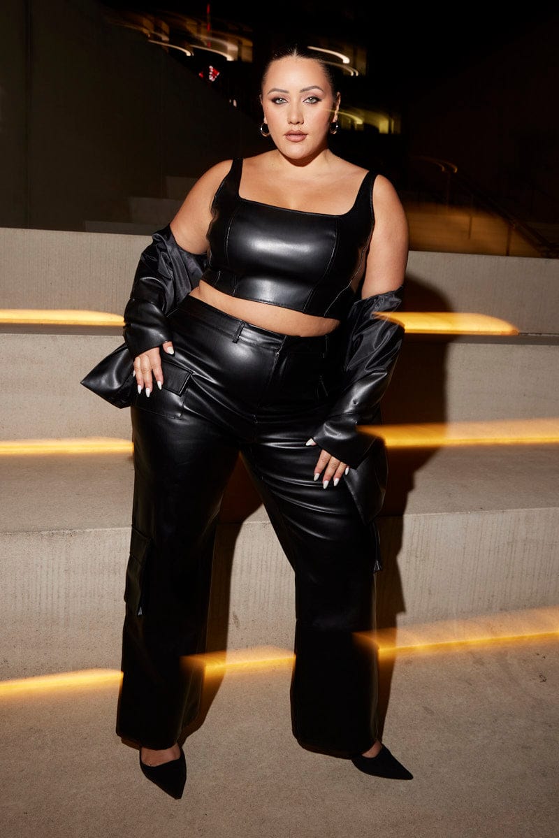 Black Cargo Pants Straight Fit High Rise Faux Leather You All