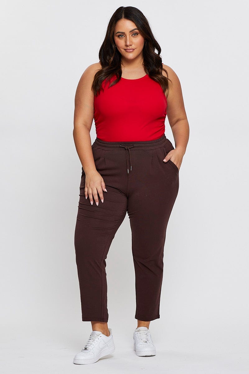 Plus Size Brown Track Pants Mid Rise Drawstring You All Shop
