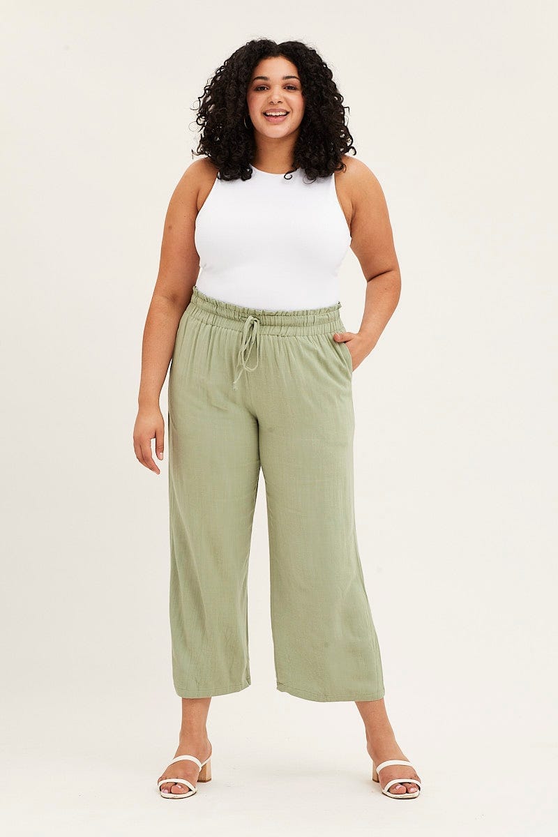 Plus Size Green High Rise Linen Blend Paper Bag Wide Leg Pants, You + All