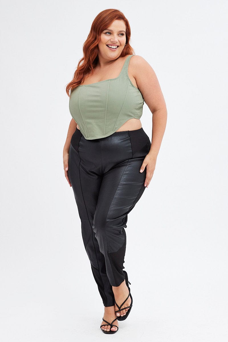 Plus Size Black Leggings High Rise Faux Leather Ponte Panel