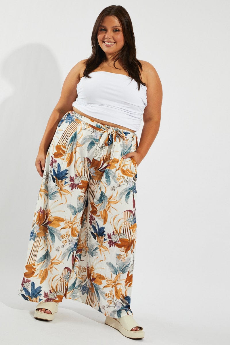 Multi Floral Wide Leg Pants Belted You All