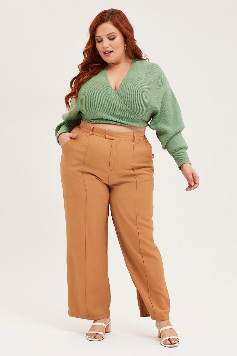 Plus Size Brown Wide Leg Pants High Rise Seam Front, You + All
