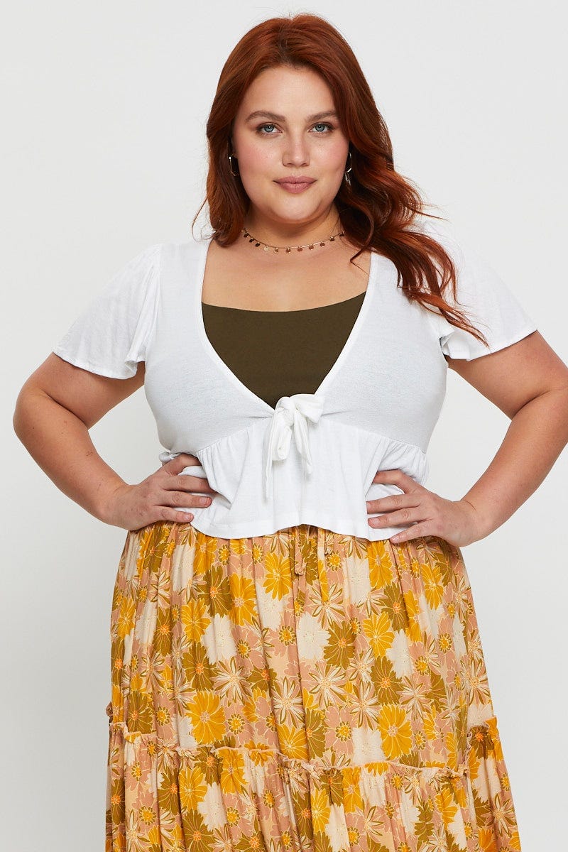 Plus Size White Cardigan Short Sleeve Jersey Tie Up You All