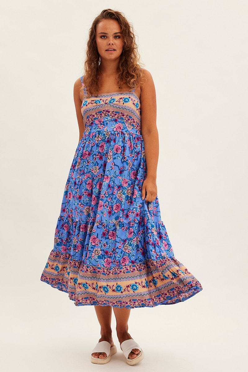 BLUE BOHO Maxi Dress Sleeveless Shirred Back Tiered