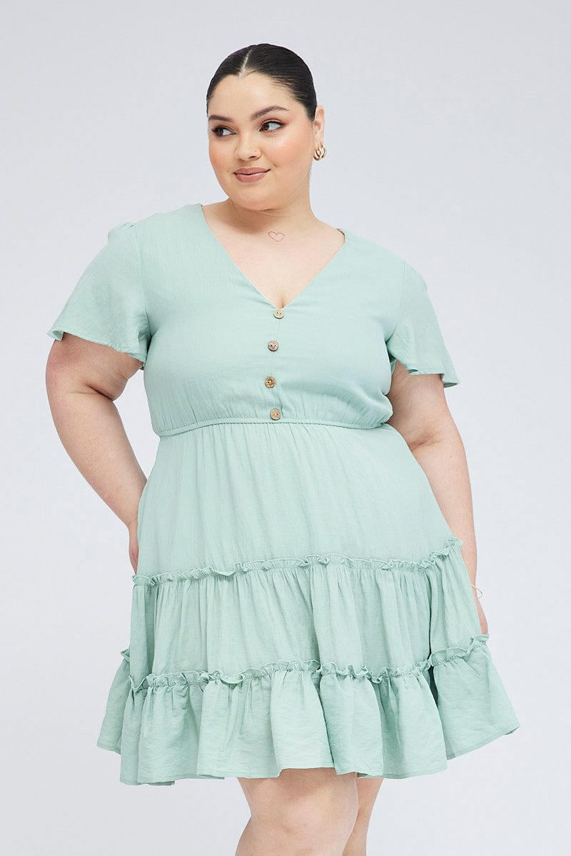 Green Fit And Flare Dress Short Sleeve V-neck | You & All Green Fit And Flare Dress Short Sleeve V-neck | You & All