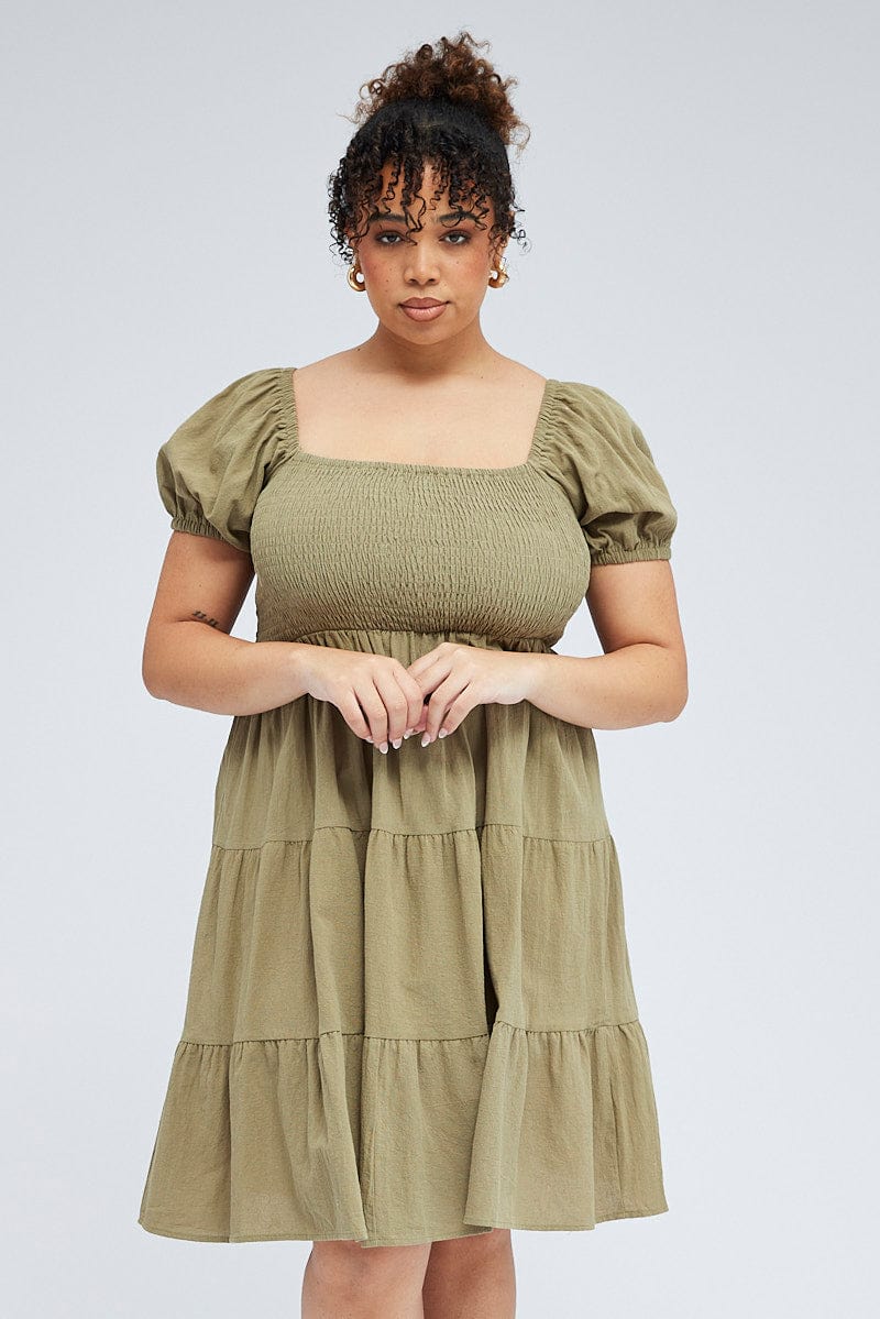 Green Mini Dress Tiered Shirred Bust Puff Sleeve | You & All Green Mini Dress Tiered Shirred Bust Puff Sleeve | You & All