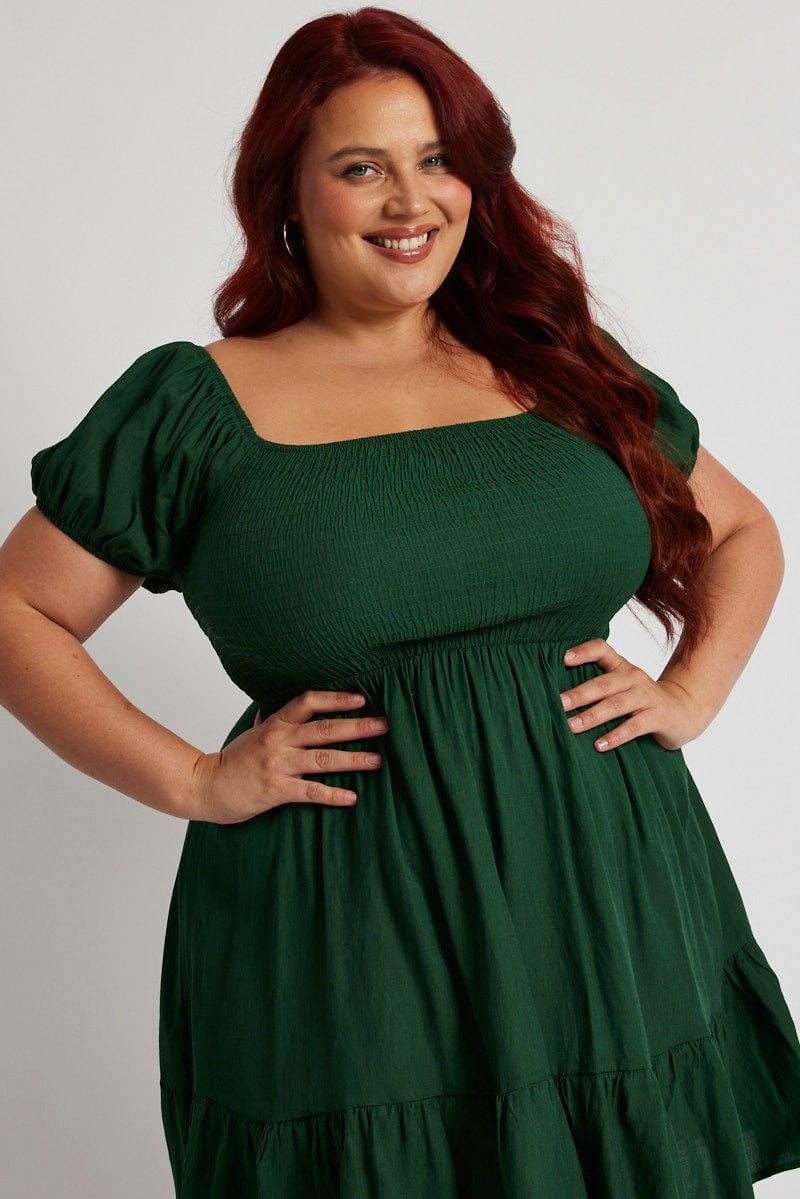 Green Fit And Flare Dress Short Sleeve Shirred You All